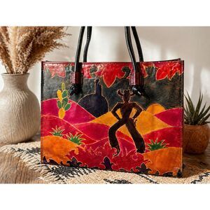 Vintage Hand Painted Leather Tote Bag Southwest Desert Scene Boho Artisan Purse